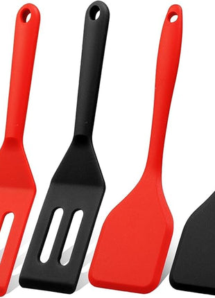 Mini Silicone Brownie Serving Spatula Set Flexible Non Stick Serve Turner Heat Resistant Cooking Spatula for Flip Eggs Crepe Steak Pizza Kitchen Utensil (Red, Black)