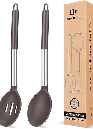 Pack of 2 Large Silicone Cooking Spoons,Non Stick Solid Basting Spoon,Heat-Resistant Kitchen Utensils for Mixing,Serving,Draining,Stirring (CHOCOLATE)