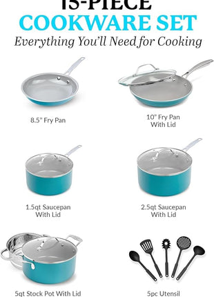 GOTHAM STEEL 15 Pc Ceramic Cookware Set, Ceramic Pots and Pans Set Non Stick with Cooking Utensils and Steamer, Non Toxic PFOA PFOS Free, Premium Stay Cool Handles, Oven & Dishwasher Safe, Blue
