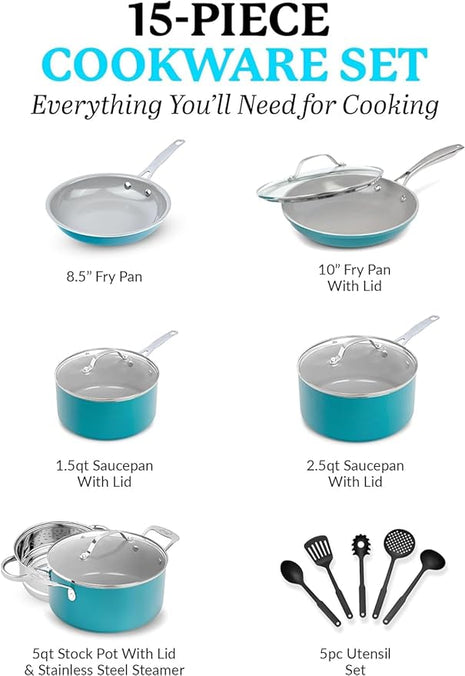 GOTHAM STEEL 15 Pc Ceramic Cookware Set, Ceramic Pots and Pans Set Non Stick with Cooking Utensils and Steamer, Non Toxic PFOA PFOS Free, Premium Stay Cool Handles, Oven & Dishwasher Safe, Blue