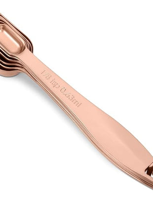 Accurate 18/8 Stainless Steel Measuring Spoons, Heavy Duty Good Handle Set of 6 Measuring Spoon with Ring Connector, Rose Gold