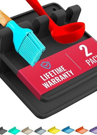 Black Silicone Spoon Rest for Stove Top with Drip Pad (Two Pack) - Heat-Resistant, BPA-Free Utensil Rest & Spoon Holder for Kitchen Counter - Grill Utensil Holder for Spatulas, Tongs, Ladles