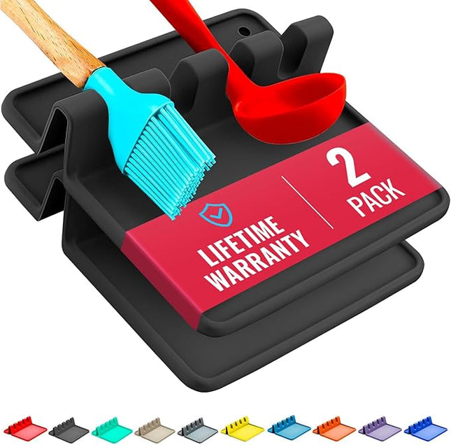 Black Silicone Spoon Rest for Stove Top with Drip Pad (Two Pack) - Heat-Resistant, BPA-Free Utensil Rest & Spoon Holder for Kitchen Counter - Grill Utensil Holder for Spatulas, Tongs, Ladles