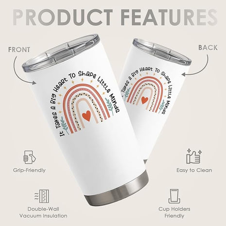 SANDJEST Teacher Tumbler - It Takes Big Heart to Shape Little Minds Travel Coffee Mug Appreciation Gift for Teachers - 20oz Insulated Stainless Steel Tumblers Birthday, Christmas, Back To School Gifts