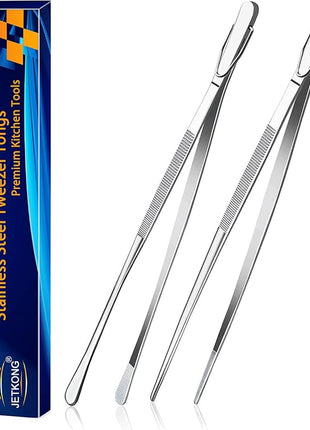 JETKONG 2 Pcs 12-Inch Kitchen Tweezers Fine Tweezer Tongs, Extra-Long Stainless Steel Cooking Tweezers (Silver)