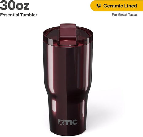 RTIC 30oz Essential Tumbler with Lid, Ceramic Lined, Insulated, Stainless Steel, Metal, Double Wall Vacuum-Insulation, Travel Cup for Iced Coffee, Tea, Hot and Cold Drink, Vintage Rose Metallic