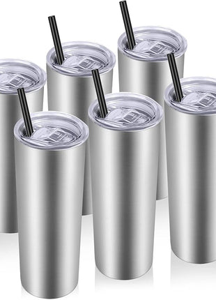 VEGOND Stainless Steel Tumblers Bulk 6 Pack, 20 oz Vacuum Insulated Skinny Tumblers with Lid and Straw, Double Wall Coffee Mug, Travel Water Cup