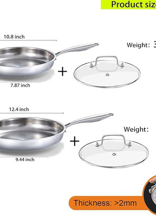 DELARLO Tri-ply Stainless Steel Frying Pan Set with Lid 10" 12" Induction large Skillets Chef's Pan,Pots and Pans Set Kitchen Cookware Set Suitable for All Stove