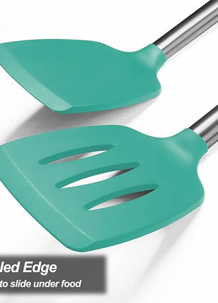 2 Pack Spatulas, Solid & Slotted Silicone Spatula Set, Stainless Steel Handle Coated with Silicone, Non Stick Turners, Heat Resistant Rubber Spatulas for Fish, Eggs, Pancakes, WOK, Teal