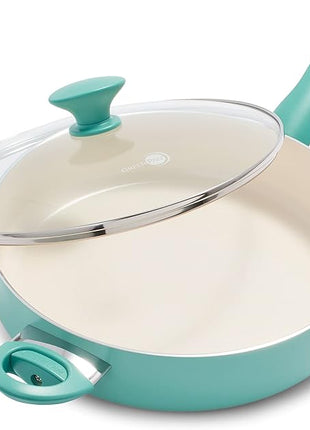 GreenPan Rio Healthy Ceramic Nonstick 5QT Saute Pan Jumbo Cooker with Helper Handle and Lid, PFAS-Free, Dishwasher Safe, Turquoise
