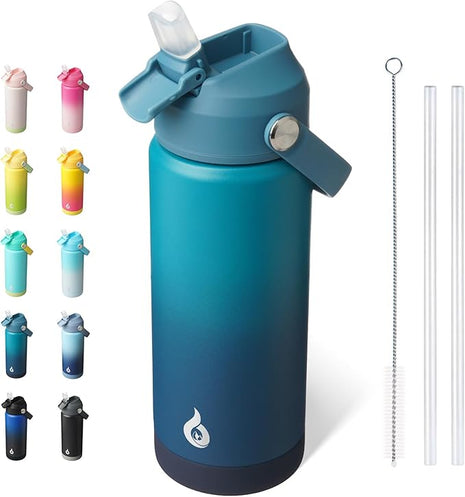 BJPKPK Insulated Water Bottle with Straw Lid, 18oz Thermo Water Bottles with Soft Nozzle, Flex Handle & Non-slip Boot, BPA Free Leak Proof Stainless Steel Metal Thermo, Tumblers, Cups,Vast