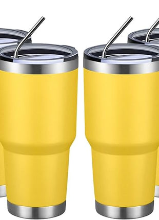 MEWAY 30oz Insulated Tumbler With Lids and Straws,Stainless Steel Double Vacuum Coffee Tumbler Cup, Brush, Durable Powder Coated Coffee Cup for Cold & Hot Drinks, Office, Travel(Yellow,4 PACK)