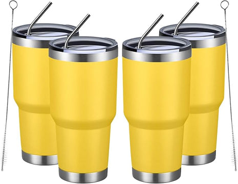 MEWAY 30oz Insulated Tumbler With Lids and Straws,Stainless Steel Double Vacuum Coffee Tumbler Cup, Brush, Durable Powder Coated Coffee Cup for Cold & Hot Drinks, Office, Travel(Yellow,4 PACK)