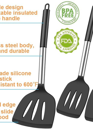 3Pcs Silicone Spatula Set Heat Resistant Spatulas for Nonstick Cookware Fish Turner Plastic Spatulas Rubber Wok Spatula, Long Large Spatula Silicone Cooking Use Kitchen Utensils Set