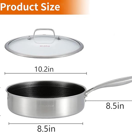 DELARLO Tri-Ply Hybrid Stainless Steel 10 Inch Saute Pan,3QT Chef Cooking Pan,Anti-Scratch,Compatible with All Cooktops,Oven Up to 660℉,Chicken Fryer,Dishwasher-Friendly（Detachable handle）