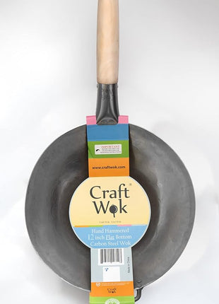 Craft Wok Flat Hand Hammered Carbon Steel Pow Wok with Wooden and Steel Helper Handle (12 Inch, Flat Bottom) / 731W316-12in