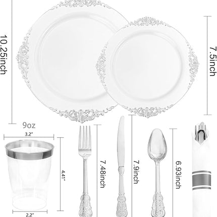 Liacere 350PCS Silver Plastic Plates&Pre Rolled Napkins for 50 Guests - Plastic Dinnerware Sets 100Silver Disposable Plates, 150Silver Silverware, 50Cups and 50Napkins for Christmas