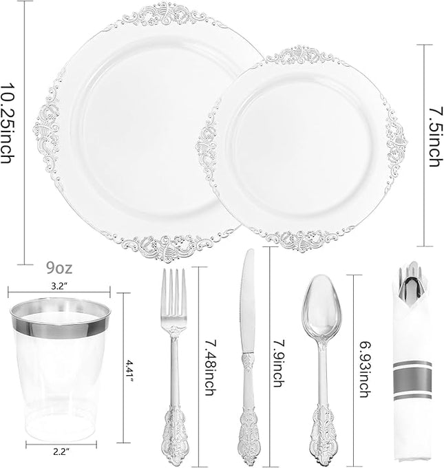 Liacere 350PCS Silver Plastic Plates&Pre Rolled Napkins for 50 Guests - Plastic Dinnerware Sets 100Silver Disposable Plates, 150Silver Silverware, 50Cups and 50Napkins for Christmas