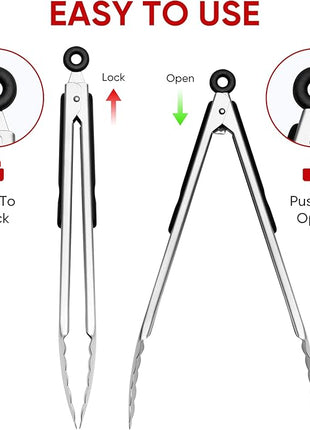 Stainless Steel Tongs Set, Food Grade Stainless Steel Kitchen Tongs, Heat Resistant 600 Degrees, for Cooking, BBQ Barbecue, Grilling, Buffet, Serving (7"+9"+12")