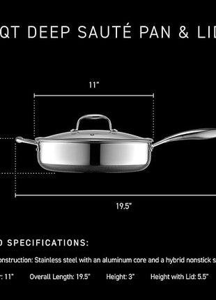HexClad Hybrid Nonstick 4.5-Quart Deep Sauté Pan with Tempered Glass Lid, Stay-Cool Handle, Dishwasher-Friendly, Oven-Safe Up to 900°F, Induction Ready, Compatible with All Cooktops