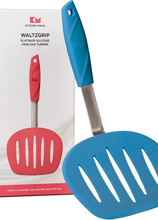 Kitchen Mama WaltzGrip Platinum Silicone Pancake Spatula Turner: Heat Resistant Flexible, Stainless Steel Core, Nonstick, Dishwasher Safe, Flipper – Ideal Kitchen Cookware for Eggs, Fish, Meat (Blue)