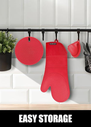 Rorecay 6pcs Oven Mitts and Pot Holders Sets for Kitchen, Extra Long Silicone Oven Gloves Heat Resistant 500 Degrees Non-Slip Potholders Hot Pads for Baking Cooking, Quilted Liner, Red