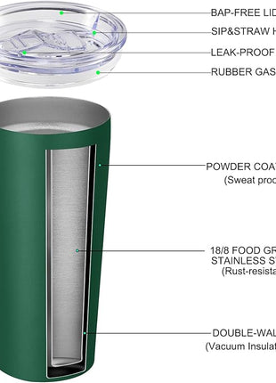 VEGOND 20oz Tumbler Stainless Steel Tumbler with Lid And Straw Vacuum Insulated Double Wall Travel Coffee Mug(dark green package 6)