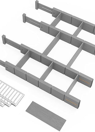 SpaceAid Bamboo Drawer Dividers with Inserts and Labels, Kitchen Adjustable Drawer Organizers, Expandable Organization for Home, Office, Dressers, 4 Dividers with 9 Inserts (17"-22" Gray)