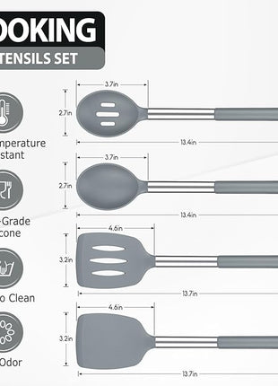 Pack of 4 Large Silicone Cooking Spatulas and Spoons, Slotted and Solid Stainless Steel Cooking Utensils Set, Non-stick Heat Resistant Kitchen for Baking, Fried, Stir-Fry, Mixing, Serving (Grey)