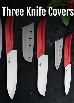 Vos Ceramic Knife Set in Elegant Gift Box, Ceramic Knives Set For Kitchen, Ultra Sharp Kitchen Knife Set with Covers, 4" 5" 6" Paring, Santoku & Chef Knife, Lightweight, Dishwasher safe (Red Handle)
