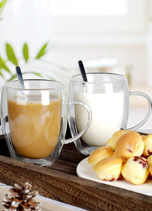 LIBWYS 4 Pack Double Walled Coffee Cups Glasses Mugs 12oz, Espresso Cappuccino Latte Tea Cups with Handle, Heat Resistant Borosilicate Clear Glasses 350ml