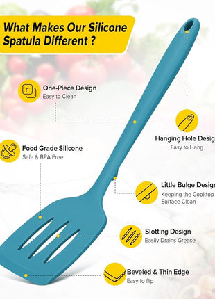 Pack of 2 Silicone Spatula Turners, Non Stick Slotted Kitchen Spatula Set, Heat Resistant BPA Free Kitchen Utensils, One-Piece Design, Suitable for Flipping Fish, Eggs, Steak, Pancakes(BLUE)