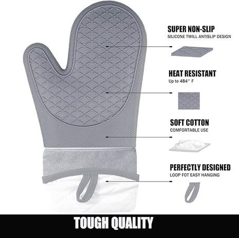 Oven Mitts and Potholders BBQ Gloves-Oven Mitts and Pot Holders with Recycled Infill Silicone Non-Slip Cooking Gloves for Cooking Baking Grilling (4-Piece Set) (Black Grey)