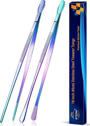 JETKONG 2 Pcs 18 Inch (45cm) Stainless Steel Grill Tongs Heavy Duty Giant Tweezer Tongs, Extra Large Tweezers Tools for Cooking, Grilling, BBQ and Turning Food (Rainbow)