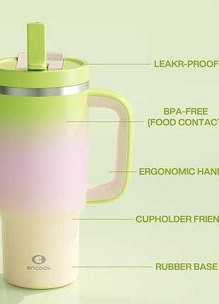 ENCOOL 32 oz Tumbler with Handle and Straw: Stainless Steel Insulated Tumbler Keeps Cold for 24 Hours, Leakproof Travel Cup Fits in Cup Holder and BPA-Free, Morning Dew