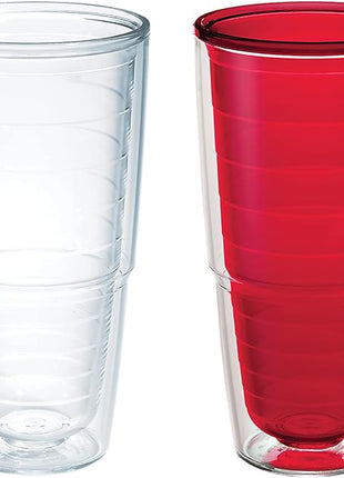 Tervis Clear & Colorful Tabletop Made in USA Double Walled Insulated Tumbler Travel Cup Keeps Drinks Cold & Hot, 24oz - 2pk, Clear and Red