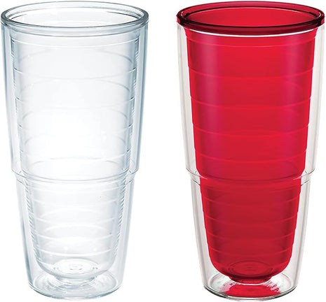 Tervis Clear & Colorful Tabletop Made in USA Double Walled Insulated Tumbler Travel Cup Keeps Drinks Cold & Hot, 24oz - 2pk, Clear and Red