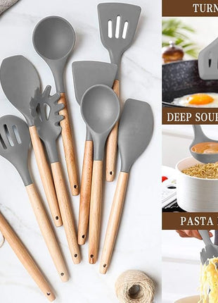 Umite Chef Kitchen Cooking Utensils Set, 33 pcs Non-stick Silicone Utensils Spatula Set with Holder, Wooden Handle Heat Resistant Silicone Kitchen Gadgets Utensil Set (Gray)
