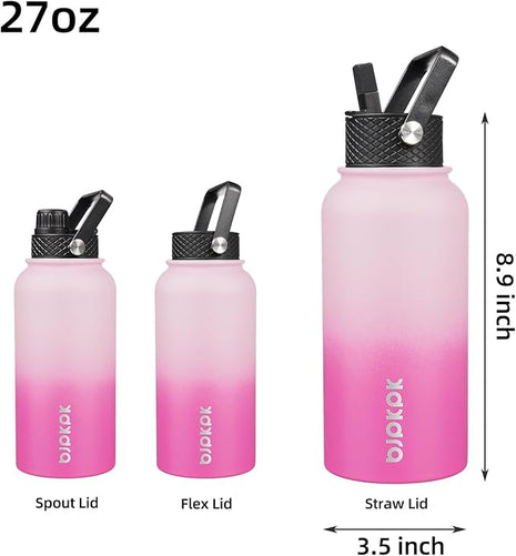 BJPKPK Insulated Water Bottles with Straw Lid, 27oz Stainless Steel Water Bottle with 3 Lids, Leak Proof BPA Free Metal Thermo, Mugs, Tumblers, Keep Cold Hot - Cherry