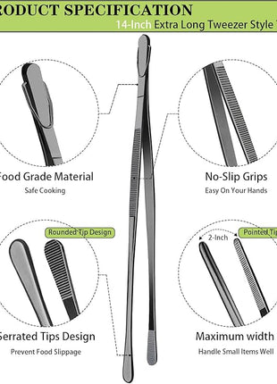 JETKONG 2 Pcs 14-Inch Food Tweezer Tongs Extra Long Stainless Steel Kitchen Tweezer Cooking Tweezers (Black)