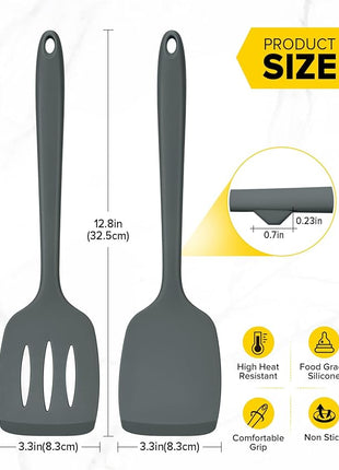 Pack of 2 Silicone Spatula Turners, Non Stick Slotted Kitchen Spatula Set, Heat Resistant BPA Free Kitchen Utensils, One-Piece Design, Suitable for Flipping Fish, Eggs, Steak, Pancakes(GRAY)