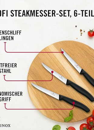 Victorinox 6.7233.6 Swiss Classic Steak Knife Set Ideal for Slicing a Wide Variety of Steak Cuts Serrated Blade in Black, Set of 6