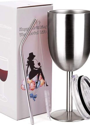 AMZUShome Stainless Steel Wine Glasses Cups.Double Walled Vacuum Insulated Wine Tumbler With Lid and Straw.Friendship,Christmas,Birthday Gifts for Women Men Friends Dad Mom(10oz Stainless steel)