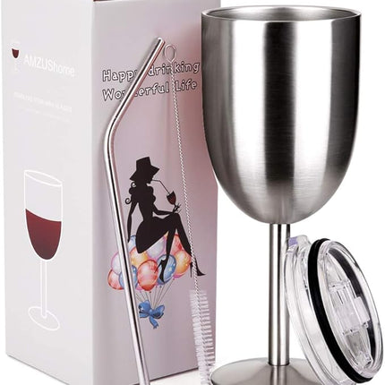AMZUShome Stainless Steel Wine Glasses Cups.Double Walled Vacuum Insulated Wine Tumbler With Lid and Straw.Friendship,Christmas,Birthday Gifts for Women Men Friends Dad Mom(10oz Stainless steel)