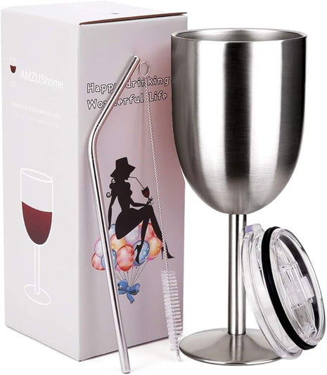 AMZUShome Stainless Steel Wine Glasses Cups.Double Walled Vacuum Insulated Wine Tumbler With Lid and Straw.Friendship,Christmas,Birthday Gifts for Women Men Friends Dad Mom(10oz Stainless steel)