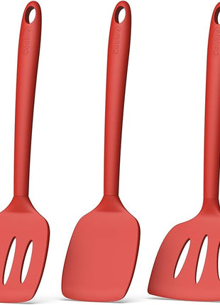 Coukre 3 Pack Silicone Spatula Set, High Heat Resistant, BPA-Free, Fish Spatula, Solid & Slotted Turner for Non-Stick Pans, Flipping Eggs, Pancakes, Fish, Burgers (3, PureRed)