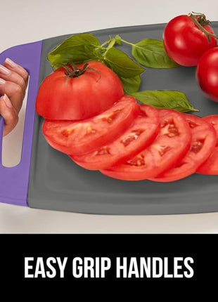 GORILLA GRIP BPA-Free Reversible Kitchen Cutting Board Set of 3, US Designed, Nonporous, Juice Grooves Catch Liquid, Slip Resistant Border, Dishwasher Safe, Durable Food Chopping Boards, Purple Gray