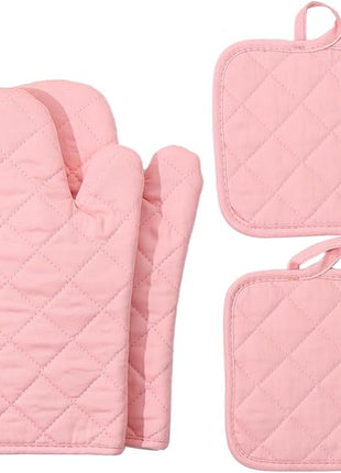 Oven Mitts and Pot Holders 4 pcs Set,High Heat Resistant 500 Degree Extra Thicken Long Kitchen Cotton Oven Glove for Cooking (12 Inch,Pink)…