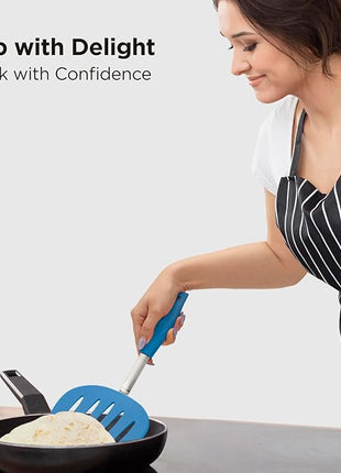Kitchen Mama WaltzGrip Platinum Silicone Pancake Spatula Turner: Heat Resistant Flexible, Stainless Steel Core, Nonstick, Dishwasher Safe, Flipper – Ideal Kitchen Cookware for Eggs, Fish, Meat (Blue)