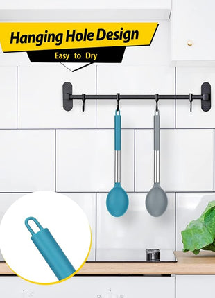 Pack of 2 Large Silicone Cooking Spoon Non Stick Solid Basting Spoons Heat-Resistant Kitchen Utensils for Mixing Serving (Gray-Blue)